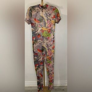 Sheer Mesh Tattoo Print Jumpsuit Mock Neck back Cutout